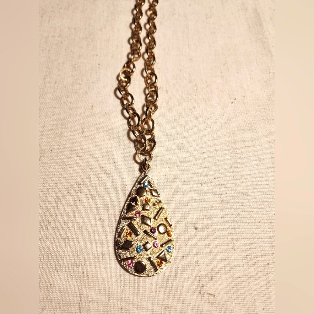 VINTAGE 1960'S ERA SARAH COV GOLD TONE W/RHINESTONE RETRO PENDANT NECKLACE!